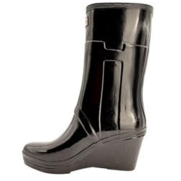 Hunter Original Tall High Gloss Wedge Rain Boots Black Rubber Heeled WMS Size 8 - Picture 8 of 15